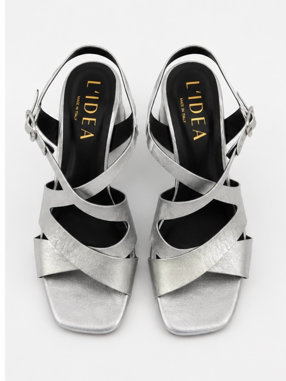 L’IDEA Metallic Silver Leather Heeled Sandals – Made in Italy – EU 40